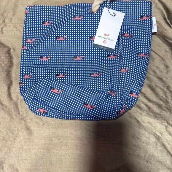Vineyard Vines Fourth of July Americana Blue gingham Whale Print wine Tote Bag - Picture 4 of 5